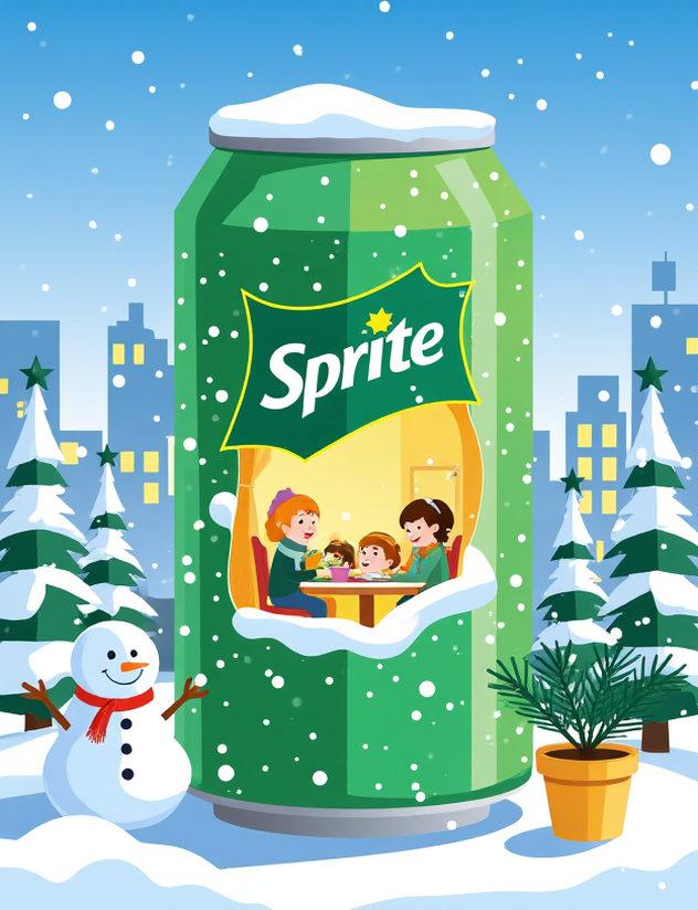 A whimsical winter scene unfolds with a large green can of 'Sprite' soda, its surface sprinkled with snowflakes to enhance the festive vibe. A cut-out window reveals a cozy, warm room inside the can, where three animated children joyfully enjoy a meal together. To the left stands a cheerful snowman with a carrot nose, next to a snow-covered evergreen Christmas tree. The right bottom features a yellow potted plant. The snowy cityscape and falling snowflakes create a lively ambiance.