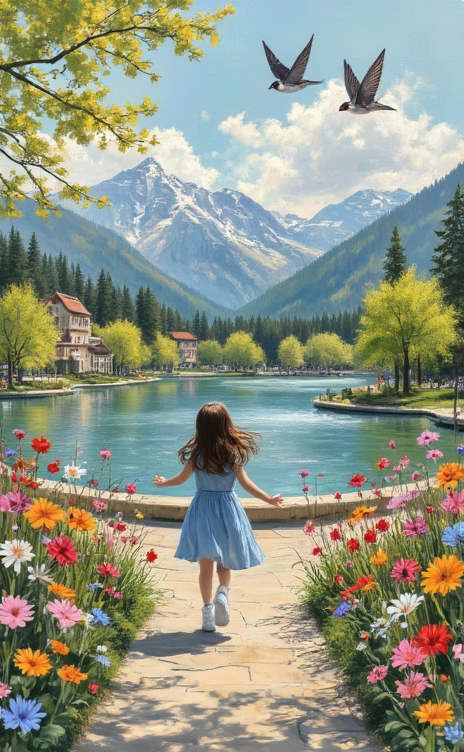 A vibrant, collage-style illustration depicting a young girl in a blue dress and white shoes, energetically running along a pathway amidst an array of blooming spring flowers in an active park. As she runs, she looks towards a nearby body of water lined with a few charming buildings and lush trees. The scene is completed with two lively swallows flying high in a clear sky above, and majestic mountains providing a serene backdrop.